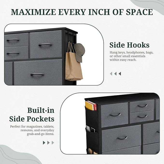 Dresser for Bedroom with Side Pockets and Hooks, 10 Drawers Storage Organizer Chest of Drawers, Sturdy Metal Frame for Living Room, Hallway, Closet, Dark Gray