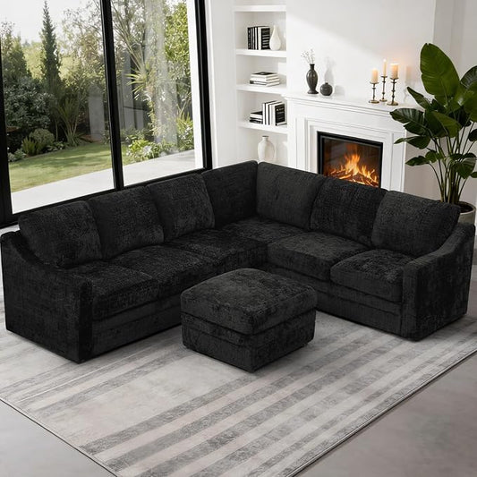 115 Inches Chenille Sectional Sofa with Storage Ottoman, Modern 7 Seats Corner Couch with Deep Seat, Comfy Modular U Shaped Couch with Comfortable Cushions for Living Room, Black