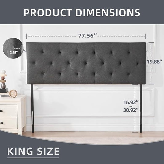 Linen Headboard King Size, Adjustable Height Headboard 37-51 in, Dark Gray | Diamond Tufting Solid Wood King Headboards, Durable Metal Legs, Upholstered King Head Board for Bed Frame, Modern Fabric