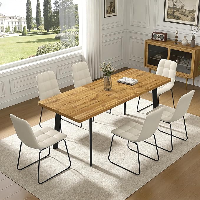 Extendable Dining Table Set for 6 to 8 People, 63" to 78.7" Modern Kitchen Table Set with 6 Chairs, MDF Dining Room Table and Chairs with Removable Extension Leaf (Walnut Table+U-Shaped White Chairs)