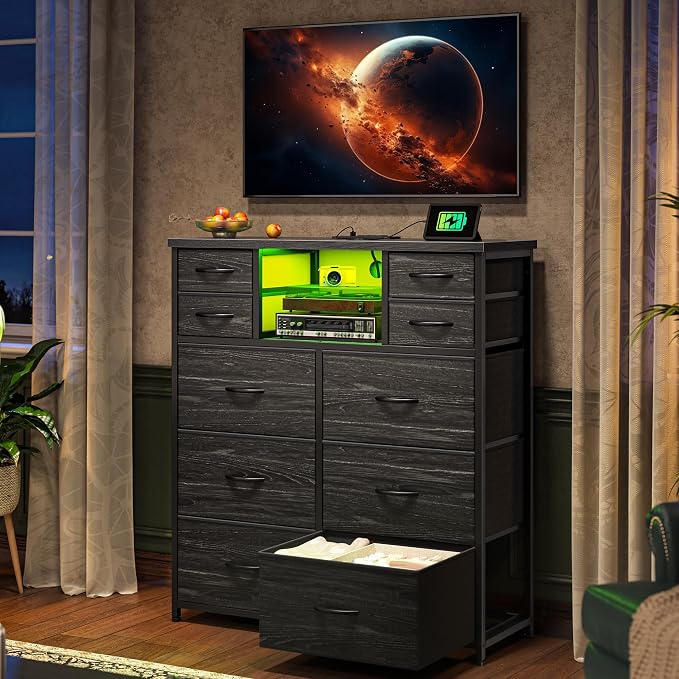Romorgniz Black Dresser for Bedroom with LED Lights & Power Outlets 2 AC & 2 USB, Fabric 10 Drawer Dressers & Chest of Drawers with Open Shelves for Hallway Living Room Closet, Metal Frame, Wood Top