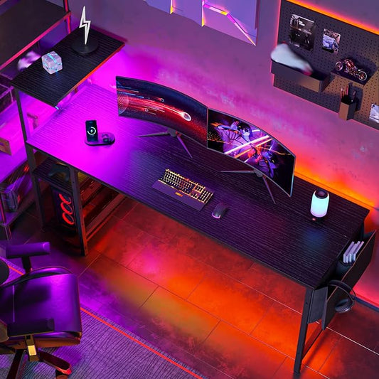 Bestier 61 Inch Gaming Desk with LED Lights, Reversible Shelves, Height Adjustable Shelf, Steel Frame, CARB P2 Class Board, Black 3D Carbon Fiber