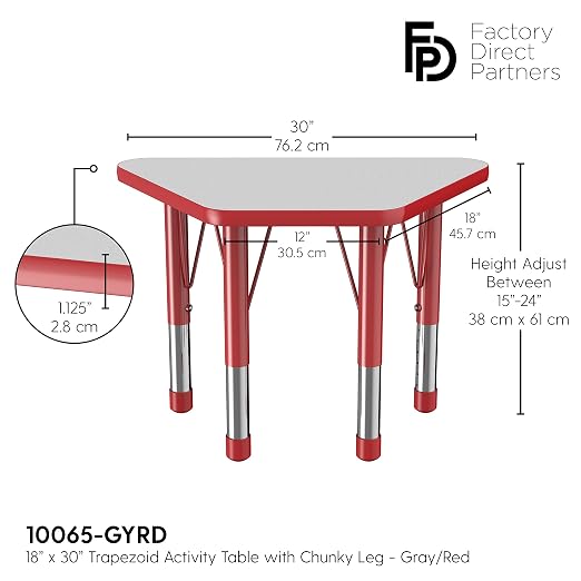 FDP Trapezoid Activity School and Classroom Kids Table (18 x 30 inch), Chunky Toddler Legs for Collaborative Seating Environments, Adjustable Height 15-24 inches - Gray Top and Red Edge