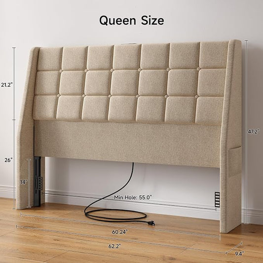 Ergonomic Upholstered Headboard Queen Size w/Charging Station, Linen Wingback Headboards w/Storage Pocket, Queen Headboard Only, Bed Frame Adapters, Sturdy Stable Solid Wood Bed Head Board, Beige