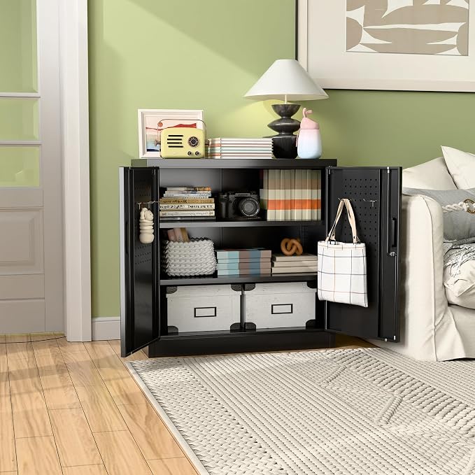 Metal Garage Storage Cabinet with Lock and Pegboard, Locking File Cabinets with Doors and Shelves for Office,Home,Garage,Gym, School, Assembly Required, Black