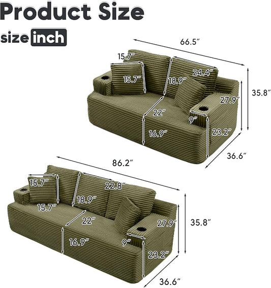 Boneless Sofa Couch Set with Cup Holders & Side Pockets, Modern Corduroy Fabric Upholstered 3-seat Couch & Loveseat Set with 4 Throw Pillows for Living Room, Office, No Assembly (Green)