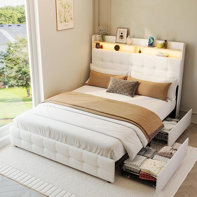 IDEALHOUSE Queen Size Upholstered Bed Frame Fabric with Storage Drawers and LED Lights, Headboard and Frame for Cozy Bedroom Sets Upgrades