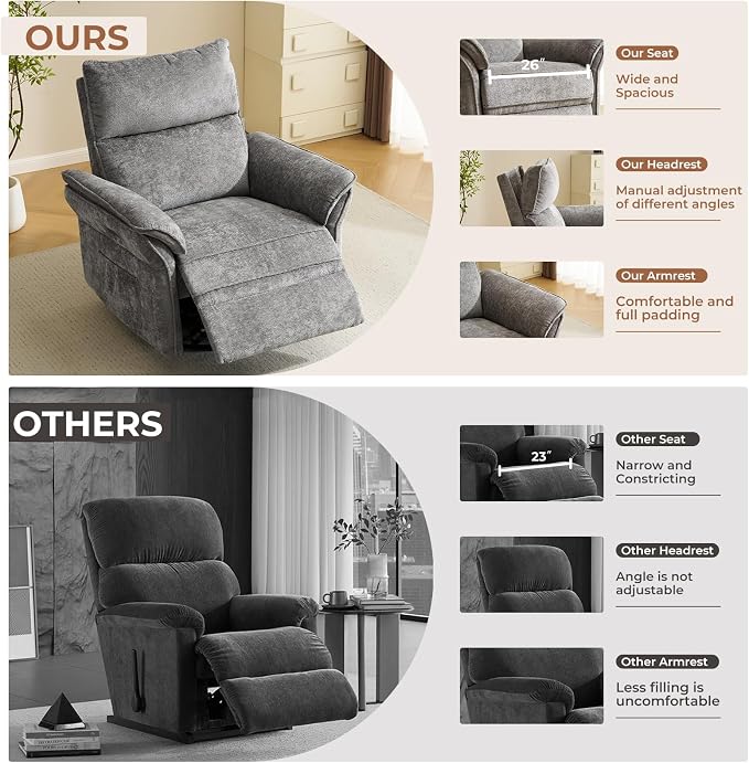 Oversized Power Recliner Chair Swivel Glider with Massage and Heat, Rocker Nursery Recliner for Adults with Adjustable Headrest, 26" Extra Wide Nursery Chair with Overstuffed Armrest, Dark Grey