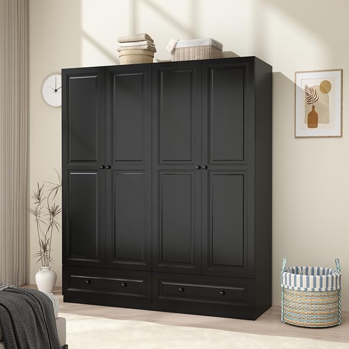 Armoire Wardrobe Closet with Drawers: 63" Black Wardrobe Closet with 4 Doors and 2 Drawers, Wood Clothes Armoire with Hanging Rod, Clothing Storage Cabinet for Bedroom