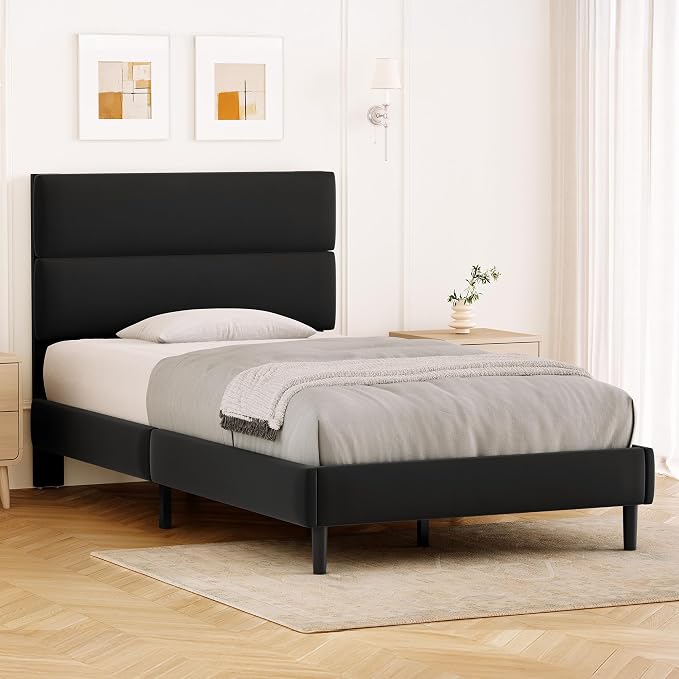 GRUSIGN Twin Size Platform Bed Frame with Velvet Headboard, Adjustable Height Wooden Slats Support, Upholstered Mattress Foundation, Fits Mattress or Mattress with Box Spring, Easy Assembly, Black