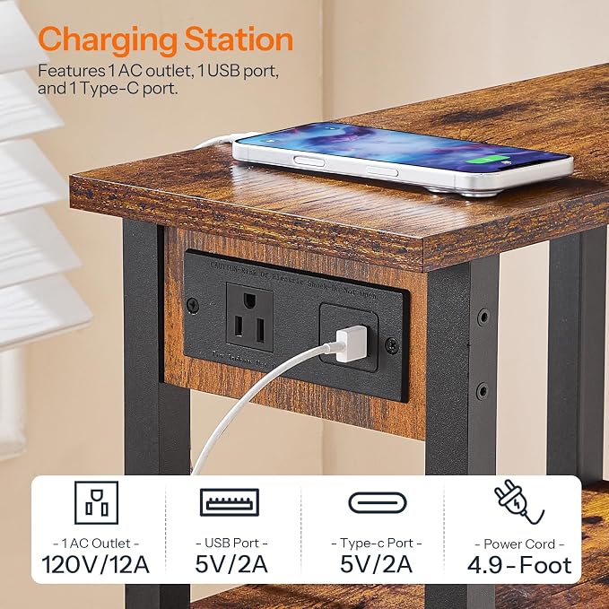 HOOBRO Narrow Side Table, Set of 2, 3-Tier Slim End Table with Charging Station, Skinny Nightstand with Open Storage, for Small Spaces, Living Room, Bedroom, Study, Rustic Brown and Black BF340UBZP201