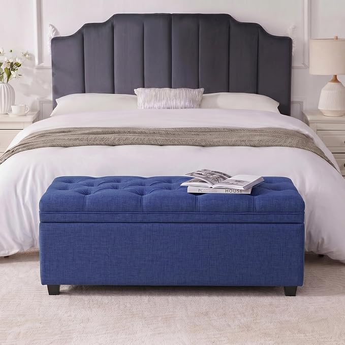 Mangodan Storage Ottoman Bench, Tufted Ottoman with Storage for Living Room, Large End of Bed Ottomans, Modern Entryway Benchs (Blue, 43 Inch)