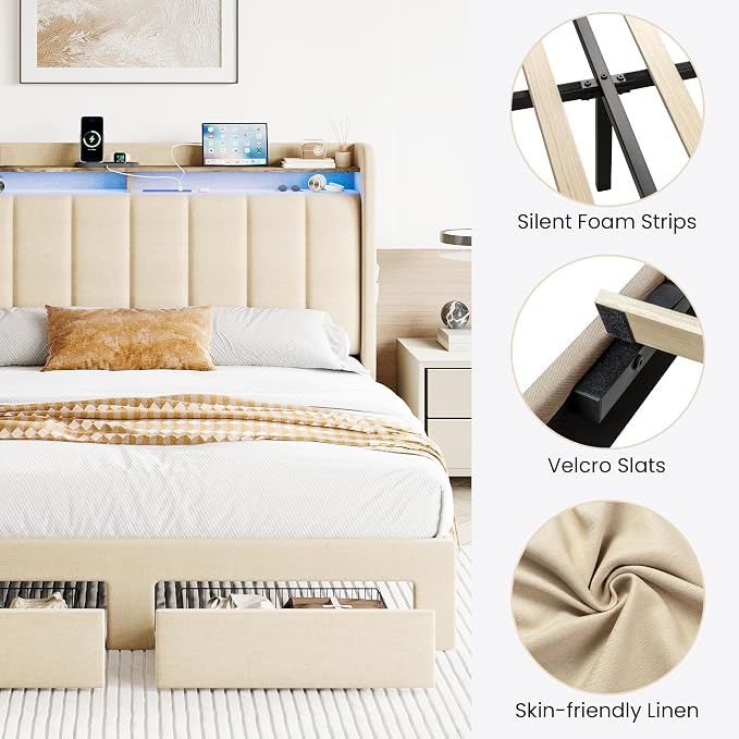 SHA CERLIN Queen Platform Bed Frame with Vertical Channel Tufted Wingback Headboard & 2 Storage Drawers/2-Tier Shelves with LED Lights & Charging Station/Noise-Free/No Box Spring Needed/Beige