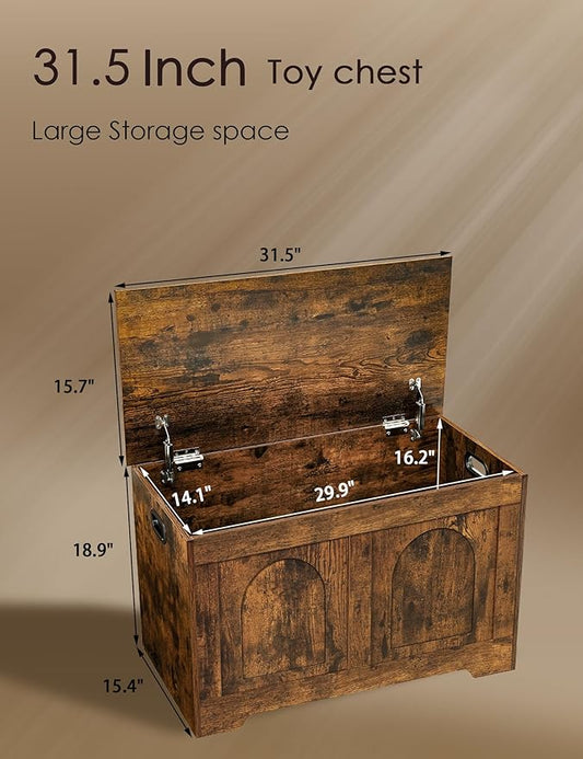 DINZI LVJ Storage Chest, 31.5”Wooden Toy Box with 2 Safety Hinges, Entryway Storage Bench with Flip-Top, Sturdy Storage Trunk for Living Room, Bedroom, Easy Assembly, Rustic Brown