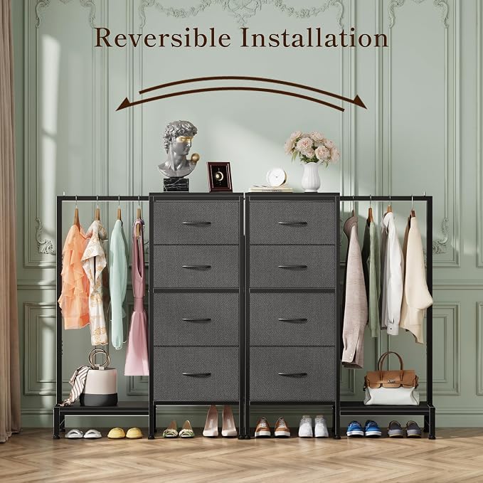 HIGDBFE Dresser with Hanging Rack, 4 Drawers Small Closet for Bedroom, Reversible Fabric Kids Chest of Drawers with Clothes Rack, Tall Storage Tower, Sturdy Frame, Grey, 44''H