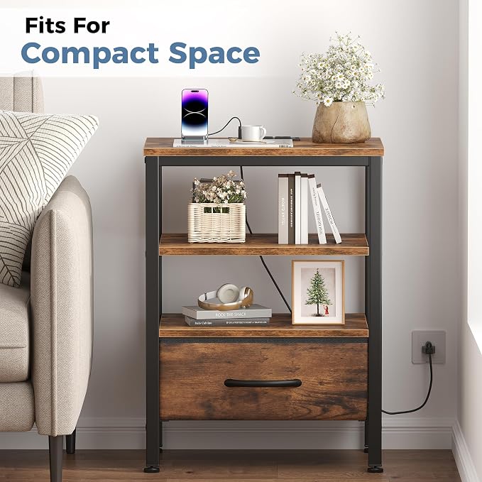DUMOS Nightstand Set of 2 with Wireless Charging Station Bed Side Tables with Adjustable Fabric Drawers and 3 - Tier Storage End Tables Modern Design, Brown