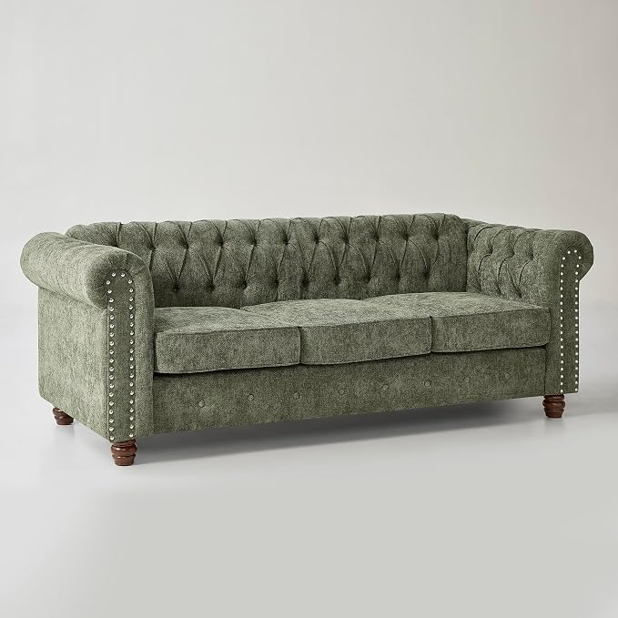 Modern Chesterfield 2-Piece Chenille Sofa & Loveseat Combo, Tufted Couch and Love Seat with Rolled Arms Nailhead Trim and Solid Wood Legs Traditional Upholstered Sofa Set for Living Room Home Green