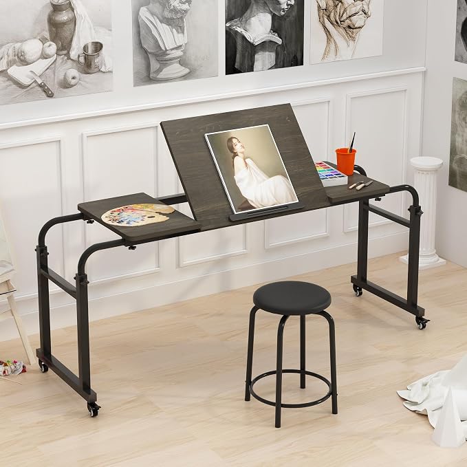 TigerDad Tilt Overbed Table with Wheels, Height Adjustable Rolling Desk for King Queen Bed, Tilting Laptop Cart Mobile Computer Workstation, Dekuwood
