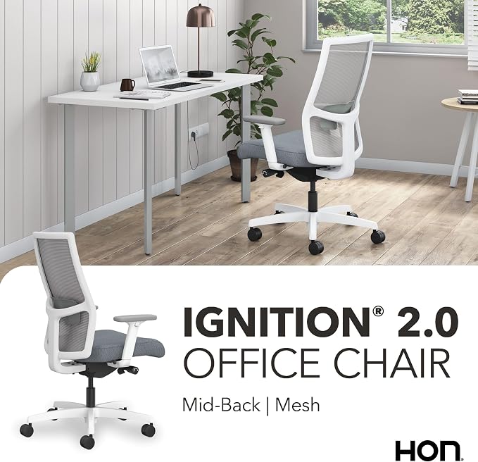 HON Ignition 2.0 Mid‑Back Ergonomic Office Chair with Lumbar Support, Advanced Synchro‑Tilt, Adjustable Arms, Mesh Desk Chair for Home Office, White Frame, Fog
