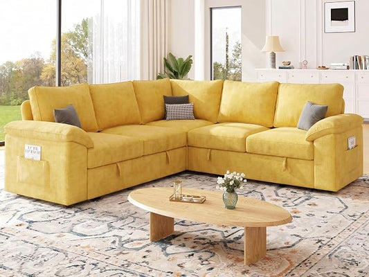85 Inch Modular Sectional Sofa with Pull Out Bed, L Shaped 5 Seat Sectional Sleeper Sofa with Storage, Sectional Couches for Living Room, Cloud Modular Couch,Removable Sofa Cover,Yellow