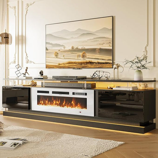 80" Fireplace TV Stand, Modern Entertainment Center for TVs Up to 90", TV Console with Storage Cabinets, Media Console for Living Room, Black TV Stand and White Fireplace