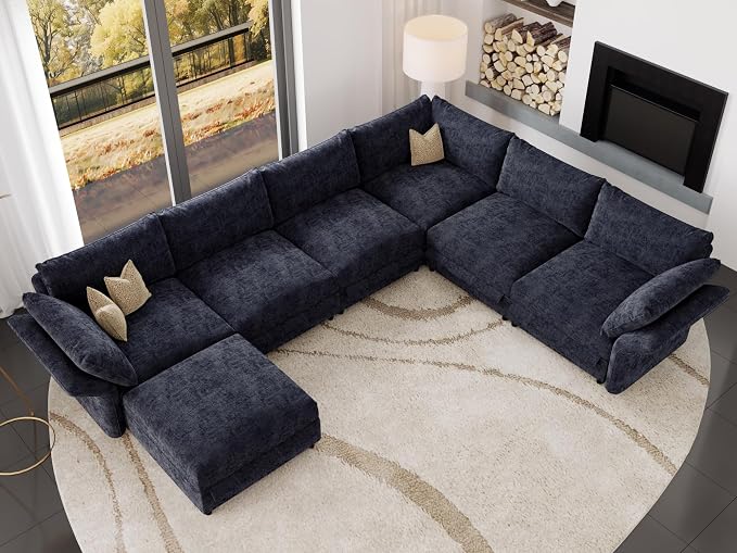 DreamDashio 160" 7-Seat Modular Sectional Sofa with Hidden Storage & 9 Adjustable Backs, Oversized Cloud Couch for Living Room, Dark Grey Chenille