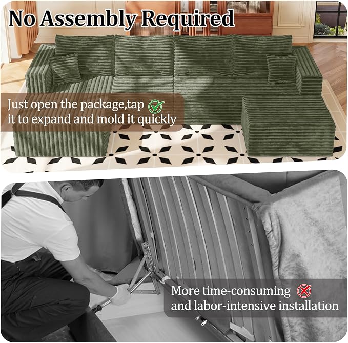 BSHOMGI 92.5'' U-Shaped Boneless Couches, Comfy Corduroy 3 Seaters Sofas with Ottoman, Modern High Back Sectional Sofa for Living Room with Oversized Chaise Deep Seat Sofa, No Assembly Needed