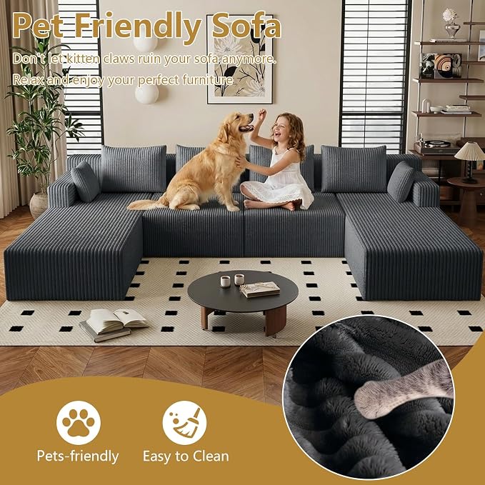 142" Oversized Cloud Modular Sectional Sofa Boneless Couches with Double Chaise Lounge and Deep Seat, Fluffy Corduroy Upholstered Compressed Lounge Sofa & Couches for Living Room
