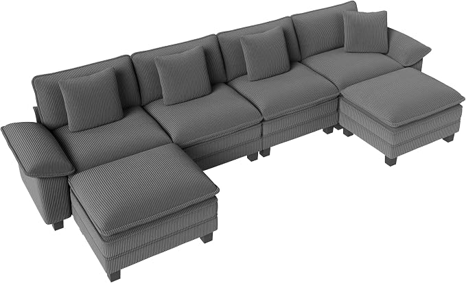 PHI VILLA Cloud Modular Couch Sets, 157.5" Oversized Large Sectional Sofa with U-Shaped Chaise, 6-Seater Couches with Movable Ottomans for Living Room, Corduroy Grey