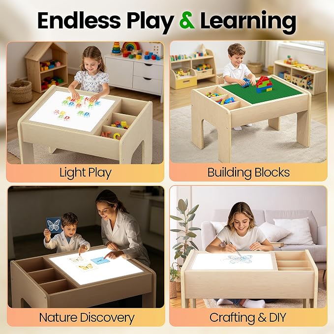 Light Table for Kids, 3-in-1 Kids Activity Table with Storage and Adjustable LED Lights, 3 Colors & 10 Dimmable Brightness, for Home Classroom Preschool & Playroom