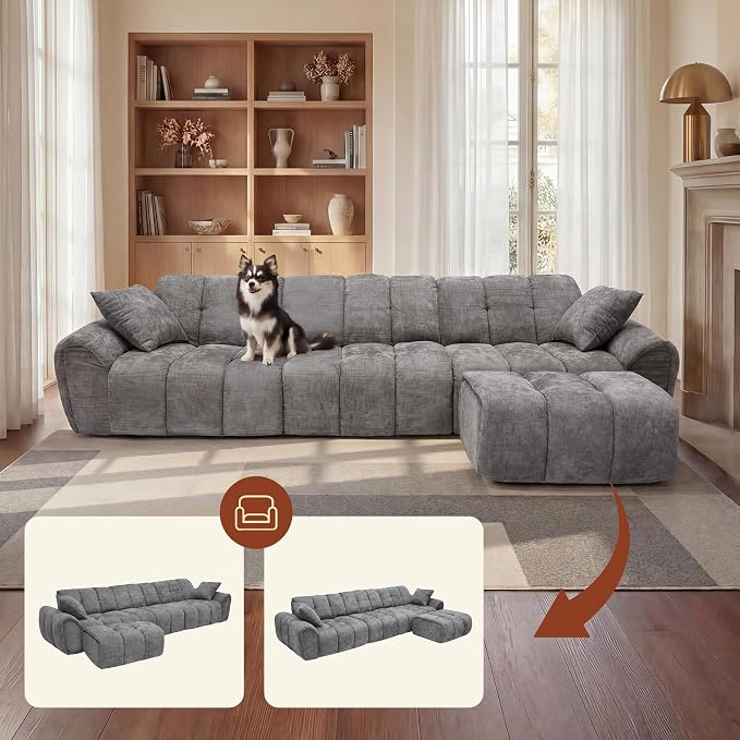 Claiks 118" Modern Boneless Couch, Corduroy Modular Cloud Sofa for Living Room, Deep Seat Sectional with Movable Ottoman, No Assembly Required, Dark Grey