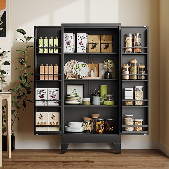 winiowa Metal Kitchen Pantry Storage Cabinet, Pantry Cabinet with Doors and Adjustable Shelves, Steel Storage Cabinet for Kitchen, Dining Room, Living Room-Black