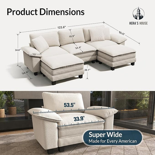 HERA'S HOUSE 124" Oversized Modular Sectional Sofa, Comfy U Shaped Couches for Living Room, Cloud Couch with Ottoman, 5-Seater Deep Seat Sofa with Throw Pillow, Chenille Beige