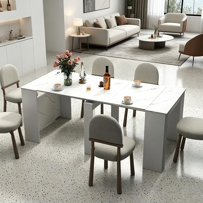 Expandable Dining Room Table, Extendable Table for 10-12 People, Folding Console Table, Space Saving Kitchen Table for Apartment, Marble and White