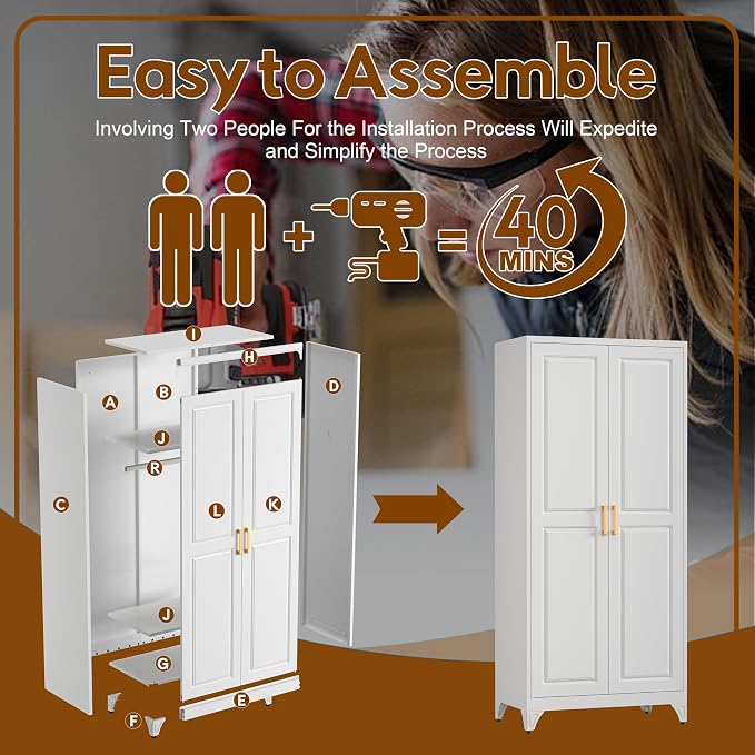 UNICOLY Armoire Wardrobe Closet with Doors, 71'' Wardrobe Cabinet with Hanging Rod, Metal Closet with 2 Adjustable Shelves for Bedroom School, Employee, Gym, Armarios De Ropa para Dormitorio, White