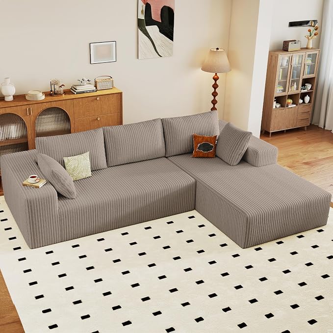 96" Modular Sectional Sofa, Modern Corduroy Cloud Couch with Deep Seat, Boneless Couch Upholstered 3-Seater L-Shaped Sofa for Living Room, No Assembly Required (Camel, Right-Facing Chaise)