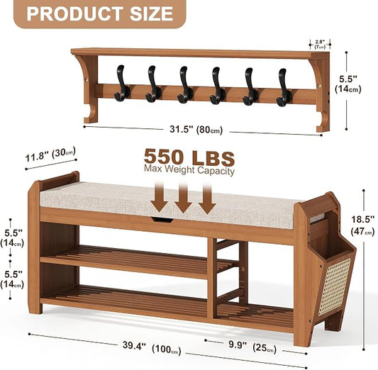 PETKABOO 39.4" Bamboo Shoe Rack Bench with Coat Rack, 3-Tier Entryway Bench with Thick Cushion, Flip-Top & Side Baskets, Holds Up to 550 LBS for Hallway, Living Room, Bedroom