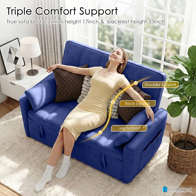 54'' Sleeper Sofa Bed, Convertible Pull Out Couch Futon for for Living Room,Apartment (Blue, Loveseat) Side Pockets, Velvet Fabric, Adjustable Backrest, Pull-Out Bed, Easy Assembly