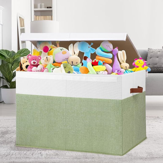 Gowee Large Toy Storage Box with Lid, Sturdy Toys Storage Chest Bin Organizer Basket with Dividers for Kids, Boys, Girls, Nursery, Closet, Bedroom, Playroom 26"x17" x17" (Green and White)