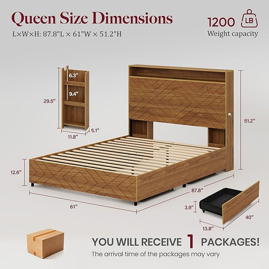 Queen Size Bed Frame with 2 Bedside Storage Racks & 4 Locking Drawers, 51.2" Tall Headboard with Charging Station & RGB LED Lights, Farmhouse Platform Bed Frame, No Box Spring Needed, Brown