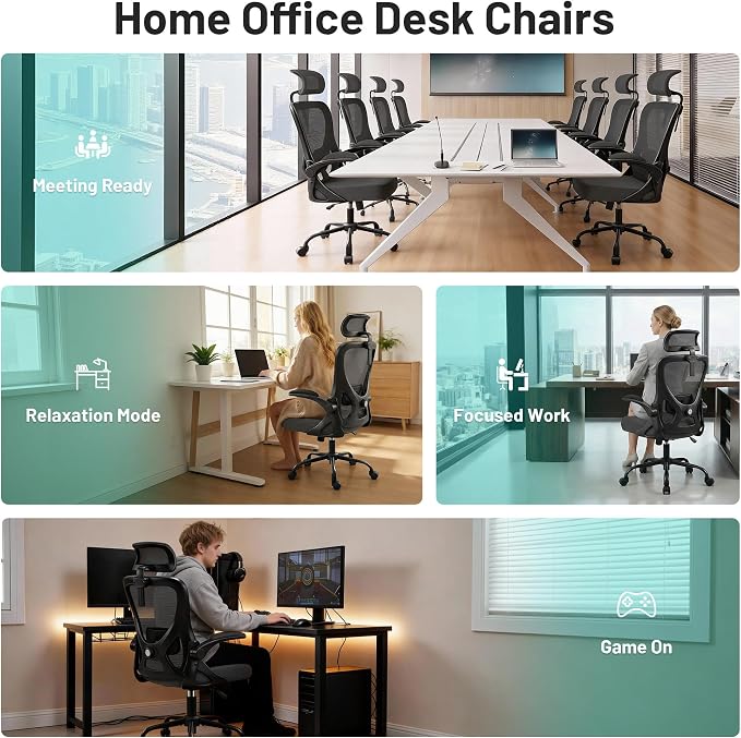 AreShark Office Chair - Ergonomic Desk Chair Breathable Mesh Chair with 2D Headrest & Adjustable Lumbar Support - Executive High Back Rolling Swivel Computer Gaming Chair with Wheels Flip-up Armrests