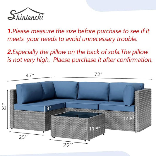 5 Piece Outdoor Patio Furniture Set,Silver PE Rattan Wicker Sectional Sofa, All Weather Conversation Set with Washable Cushions & Glass Coffee Table for Backyard Poolside Garden Porch,Navy Blue