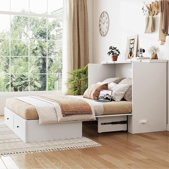 LIVAUVEAD Queen Murphy Bed with Drawer Storage & Charging Station, Murphy Bed Cabinet with Foldable Panel, for Guest Bedroom, Living Room, Office, White