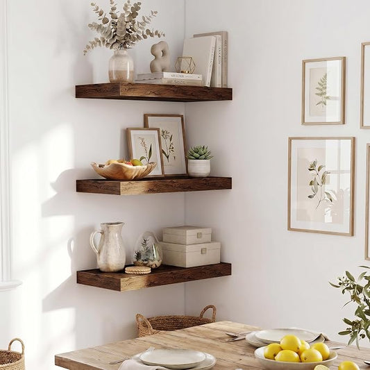Fun Memories Wood Floating Shelves 20 Inch, 10 Inch Deep Shelves Wall Mount, Wall Shelves with Invisible Bracket, 20" Floating Shelves for Living Room Bathroom Bedroom, Rustic Brown, Set of 3
