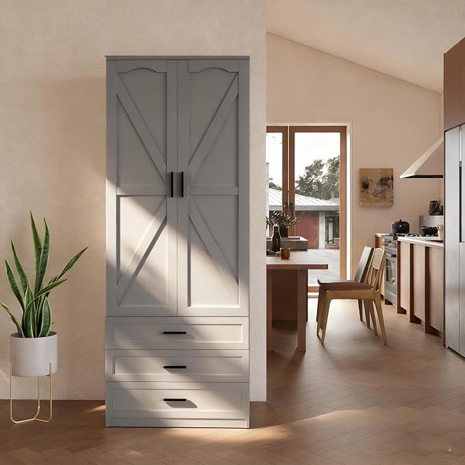 FJTJBSI 72" LED Kitchen Pantry Cabinet with 3 Drawers Farmhouse Tall Storage Cabinet Wood Food Pantry with Barn Doors and Adjustable Shelves Versatile Storage Freestanding Cupboard for Kitchen