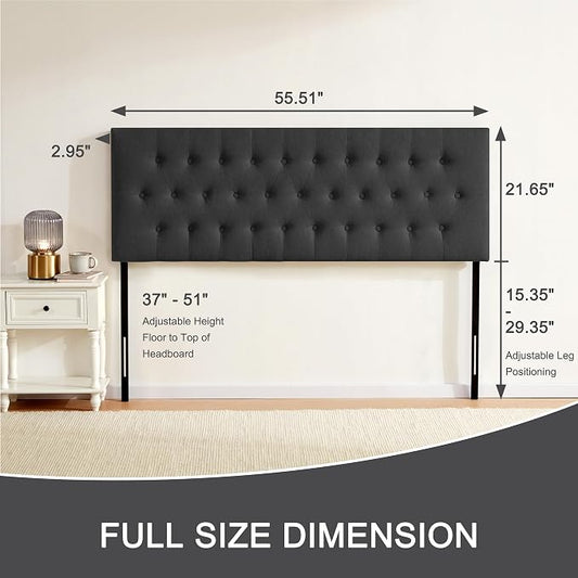 Tufted Upholstered Headboard Full Size, Adjustable Height 37- 51 in, Black | Sturdy and Durable Solid Wood Full XL Headboard, Fabric Full Headboard Only, Modern Button Diamond Design Head Board