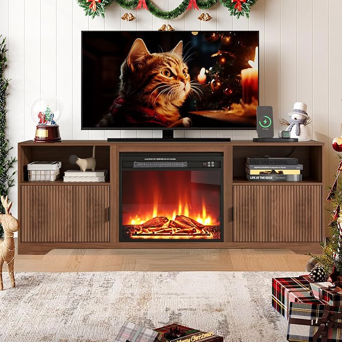 Fireplace TV Stand for Television up to 80 Inch,Entertainment Center with Adjustable Shelf,Mid-Century Modern Fluted TV Stand with 23" Electric Fireplace,Media Console for Living Room,Bedroom