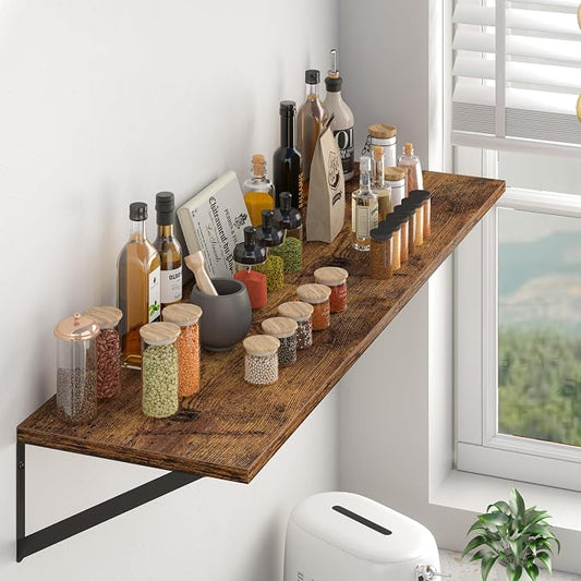 Heimlove Deep Floating Shelves for Wall, 44W x 12D Wood Wall Shelves Set of 2, Wide Floating Bookshelf for Living Room, Kitchen, Office, Bedroom and Decor Storage, with Metal Bracket - Rustic Brown