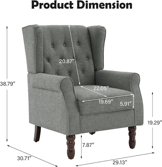 Mid-Century Modern Wingback Accent Chair - Plush Upholstered Armchair with Solid Oak Legs, Ergonomic High Back Design for Living Room, Bedroom Home Office - Stylish Retro Reading Lounge Chair, Gray