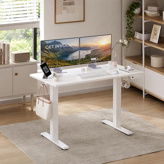 Claiks Electric Standing Desk, 55 x 24 Inch Height Adjustable Sit Stand Desk for Home Office, Computer Desk with Memory Presets, Cable Management & Headphone Hooks, 156 lbs Capacity, White